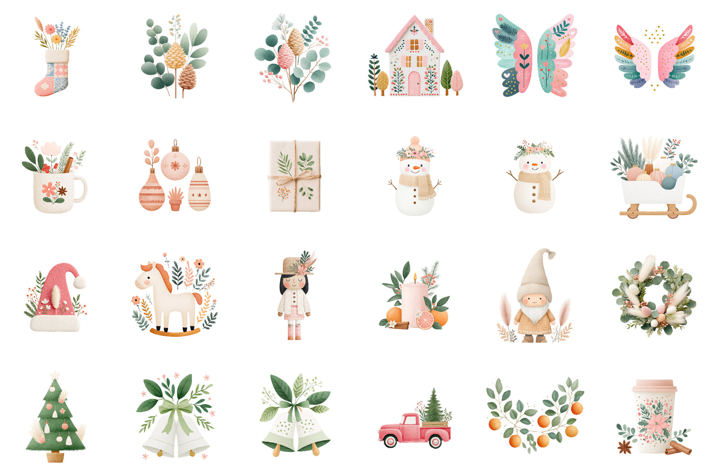 Boho Christmas Watercolor Clipart PNG Bundle