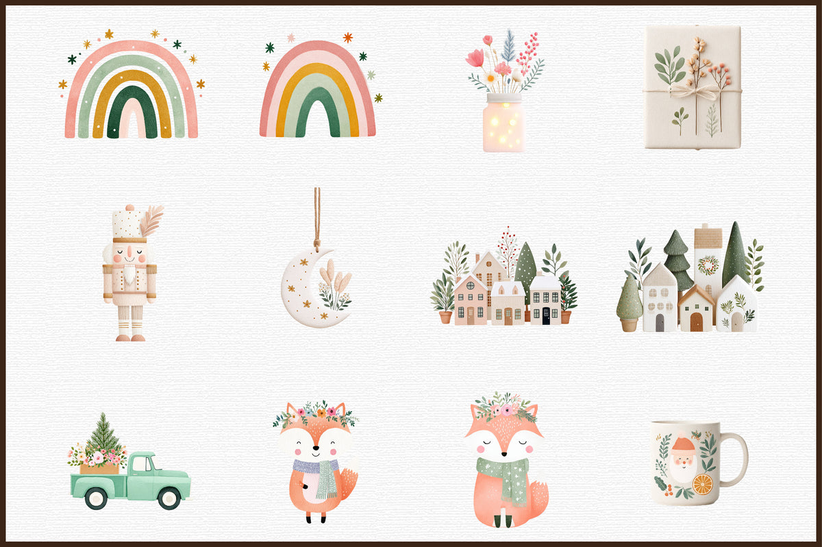 Boho Christmas Watercolor Clipart PNG Bundle