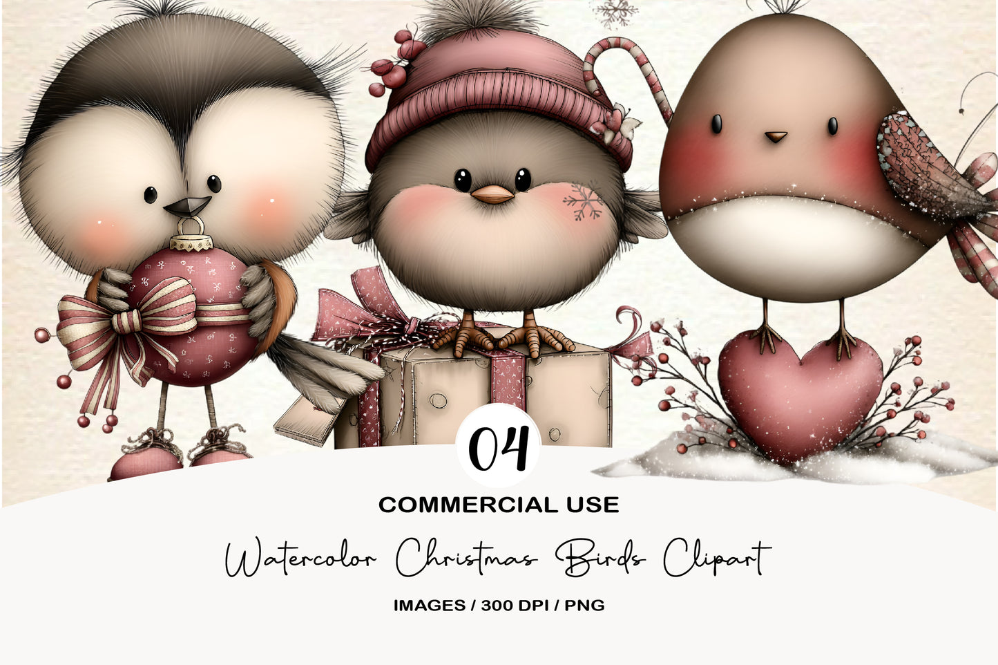 Watercolor Christmas Birds Clipart PNG