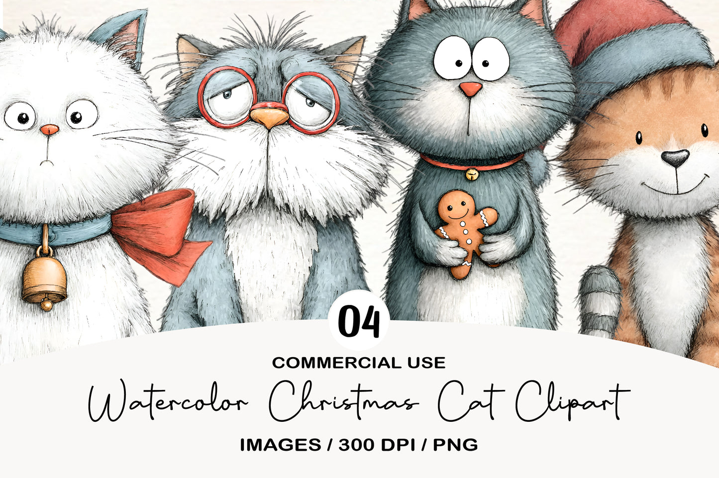 Watercolor Christmas Cat Clipart PNG | Cute Holiday Cats