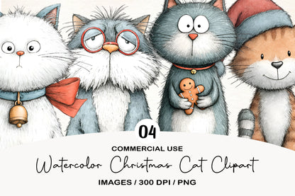 Watercolor Christmas Cat Clipart PNG | Cute Holiday Cats