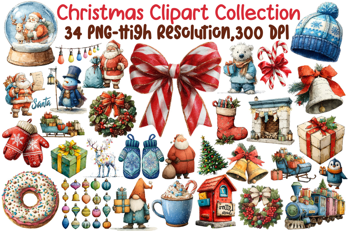 Watercolor Christmas Clipart Collection PNG Bundle