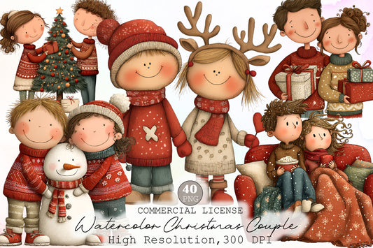 Watercolor Christmas Couple Clipart PNG Bundle