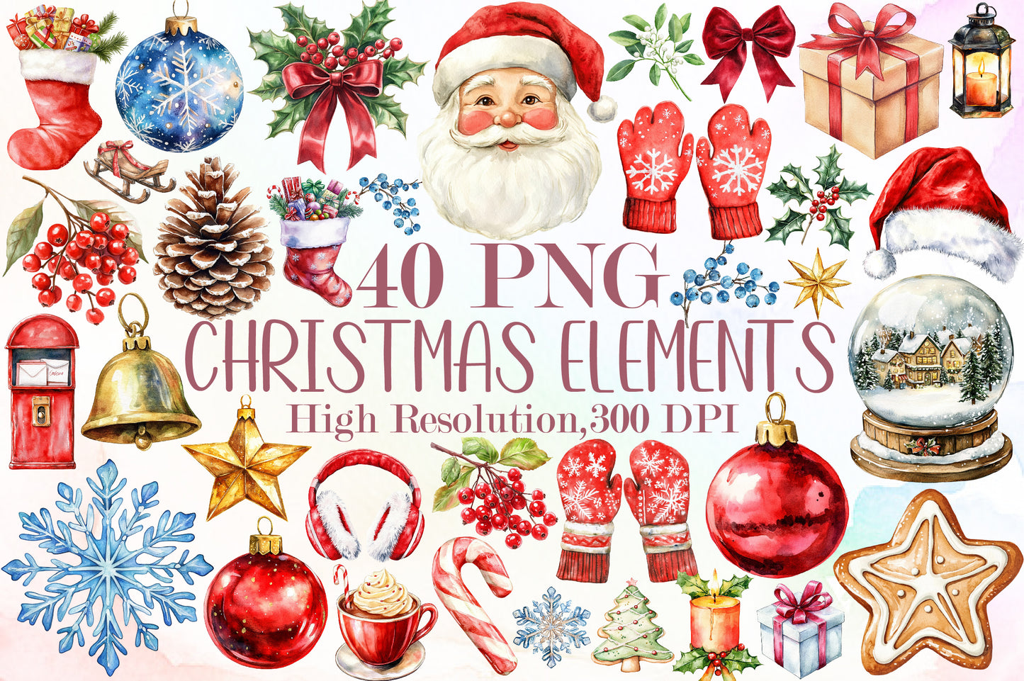 Watercolor Christmas DIY Elements PNG Bundle