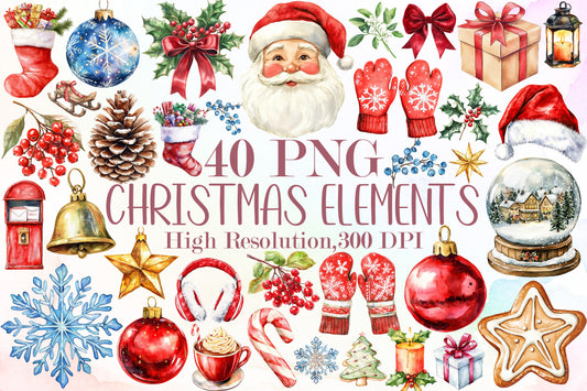 Watercolor Christmas DIY Elements PNG Bundle