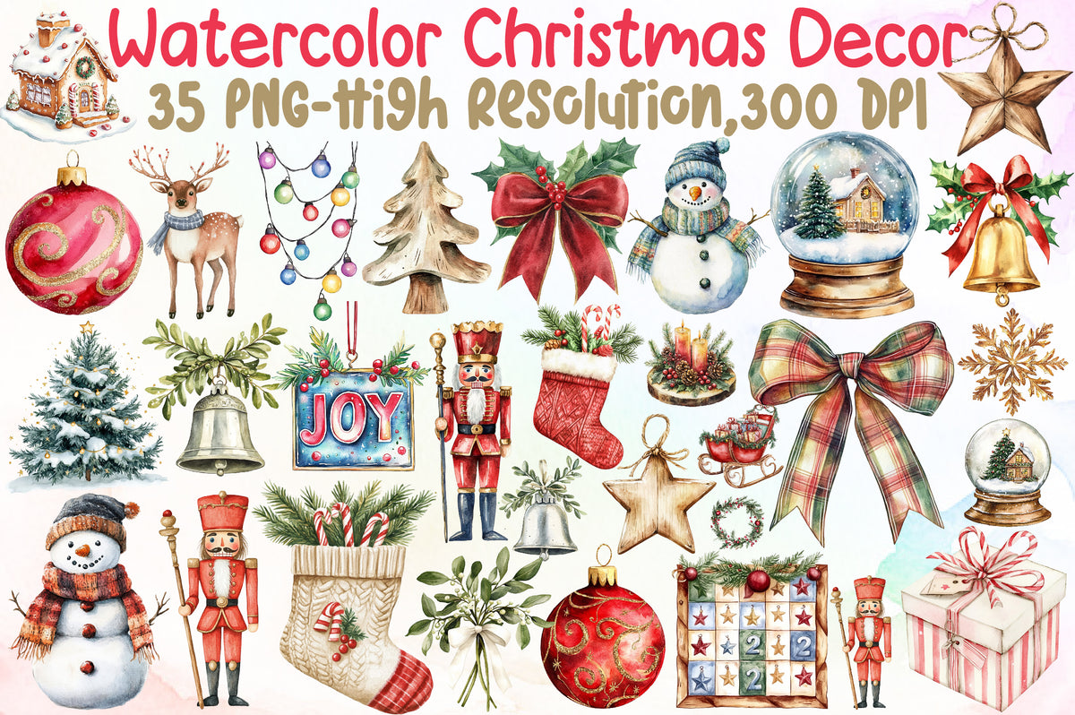 Watercolor Christmas Decor Clipart PNG Bundle