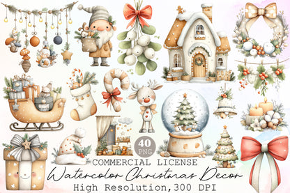 Watercolor Christmas Decor Clipart PNG Bundle
