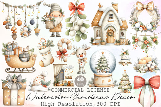 Watercolor Christmas Decor Clipart PNG Bundle