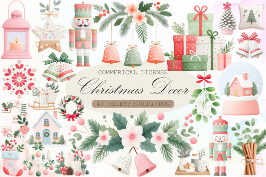 Watercolor Christmas Decor Clipart PNG Bundle