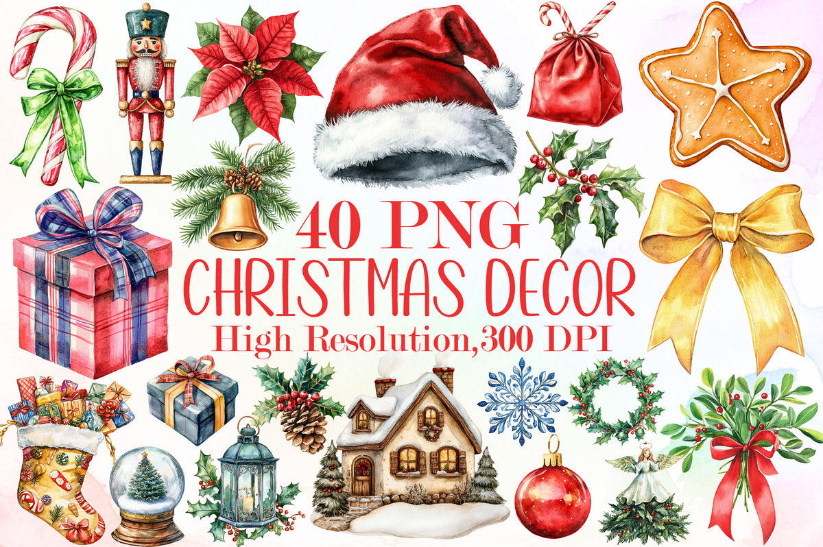 Watercolor Christmas Decor Clipart PNG Bundle