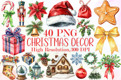Watercolor Christmas Decor Clipart PNG Bundle