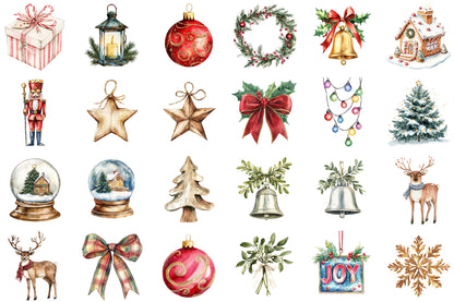 Watercolor Christmas Decor Clipart PNG Bundle