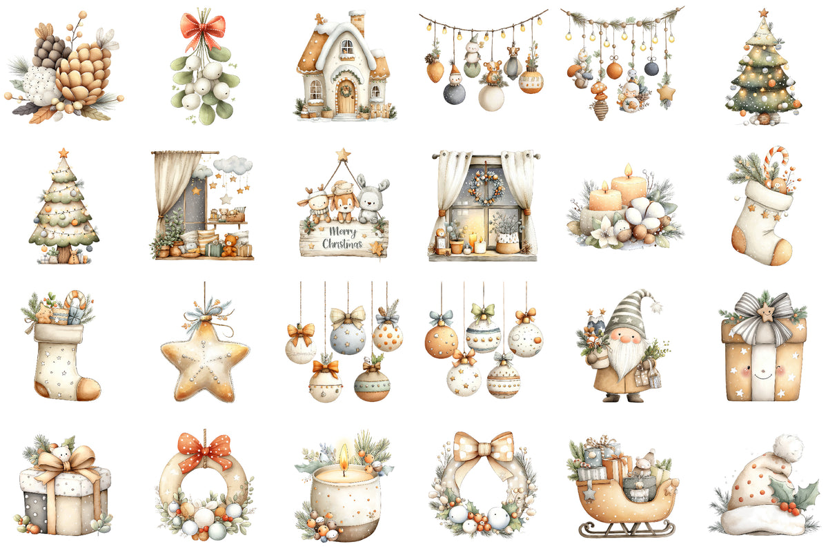 Watercolor Christmas Decor Clipart PNG Bundle