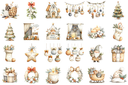 Watercolor Christmas Decor Clipart PNG Bundle