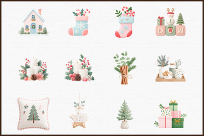 Watercolor Christmas Decor Clipart PNG Bundle