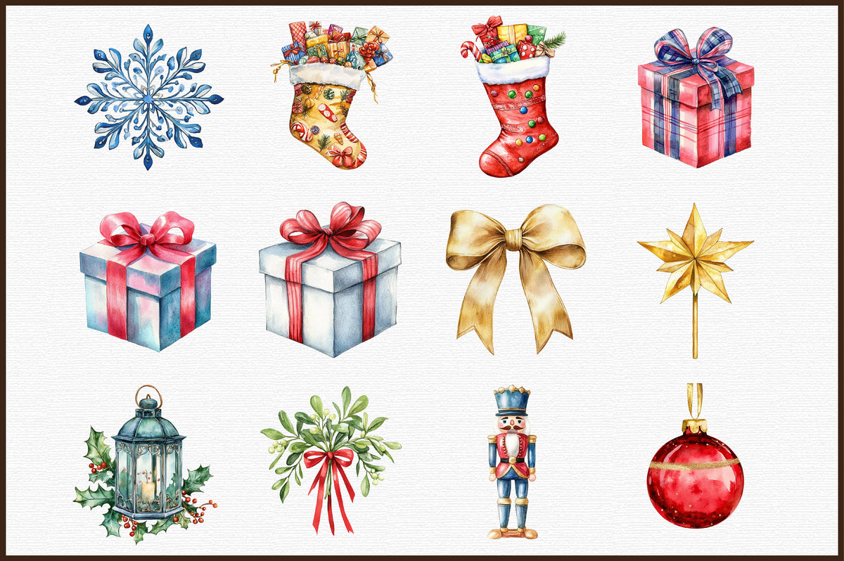 Watercolor Christmas Decor Clipart PNG Bundle
