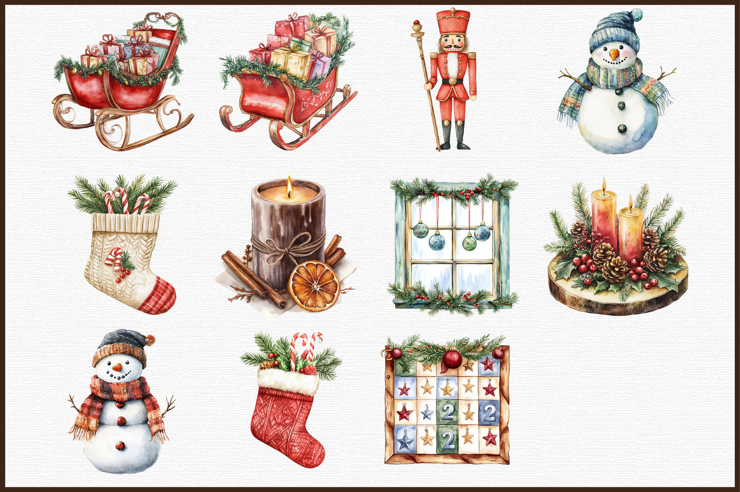 Watercolor Christmas Decor Clipart PNG Bundle