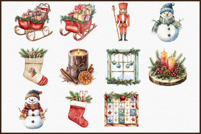 Watercolor Christmas Decor Clipart PNG Bundle