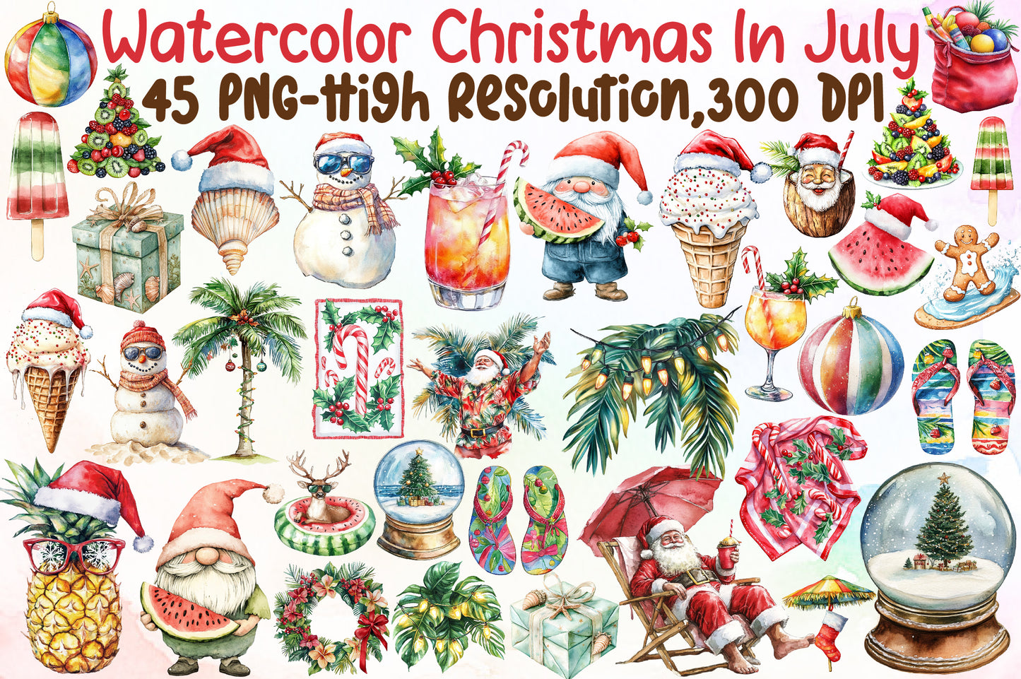 Watercolor Christmas in July Clipart PNG Bundle
