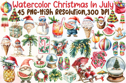 Watercolor Christmas in July Clipart PNG Bundle