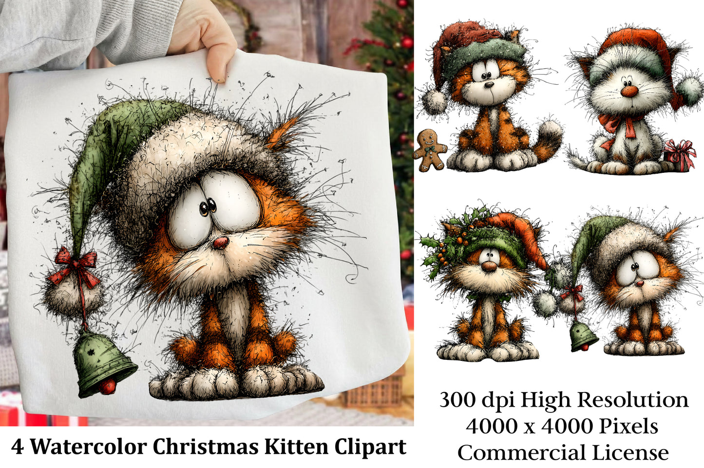 Watercolor Christmas Kitten Clipart PNG – 4 Designs