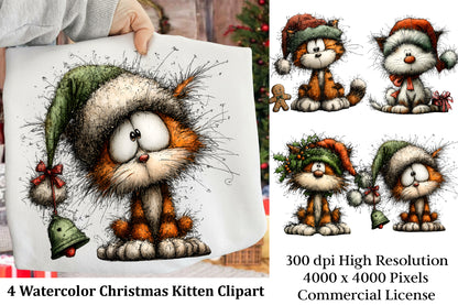 Watercolor Christmas Kitten Clipart PNG – 4 Designs