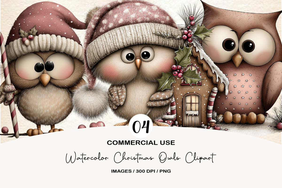 Watercolor Christmas Owls Clipart PNG