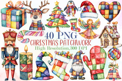 Watercolor Christmas Patchwork Clipart Bundle PNG
