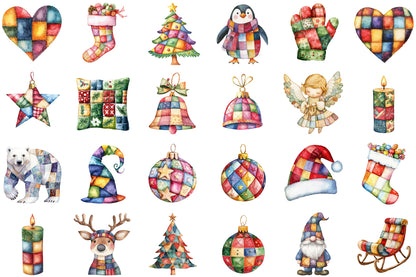 Watercolor Christmas Patchwork Clipart Bundle PNG