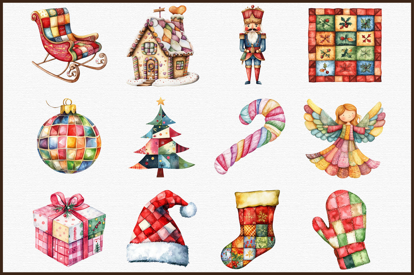 Watercolor Christmas Patchwork Clipart Bundle PNG
