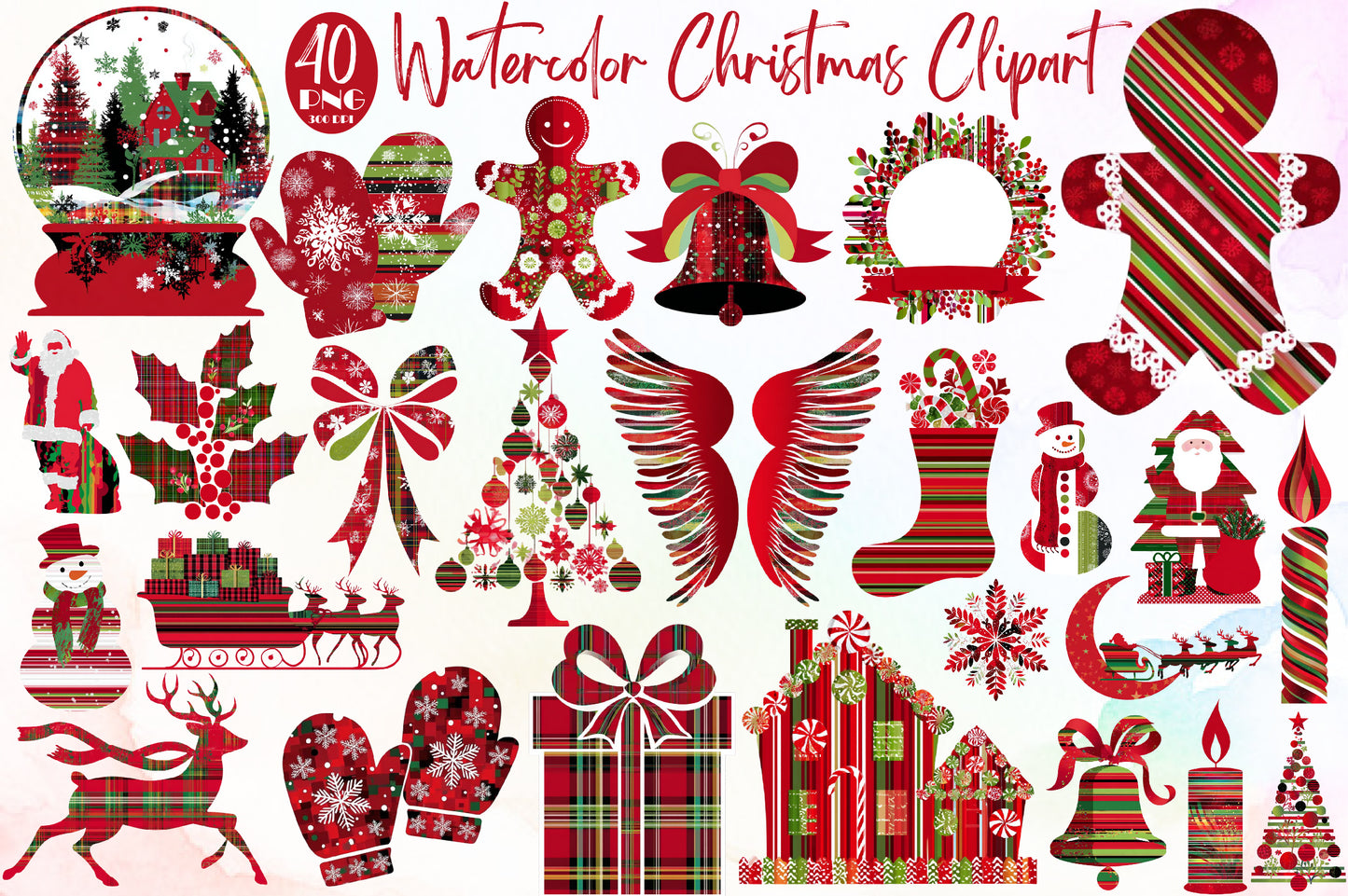 Watercolor Christmas Pattern Clipart PNG Bundle