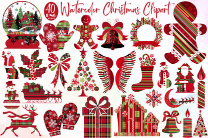 Watercolor Christmas Pattern Clipart PNG Bundle