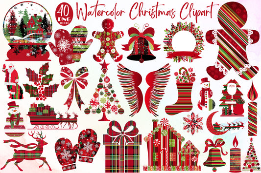 Watercolor Christmas Pattern Clipart PNG Bundle
