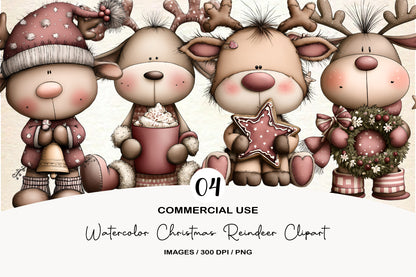 Watercolor Christmas Reindeer Clipart PNG