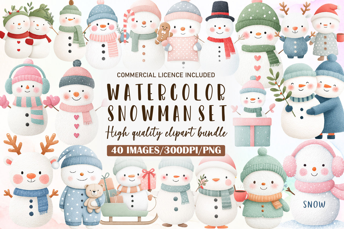 Watercolor Christmas Snowman Clipart PNG Bundle