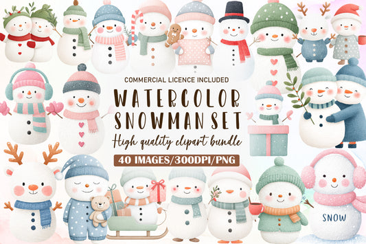 Watercolor Christmas Snowman Clipart PNG Bundle