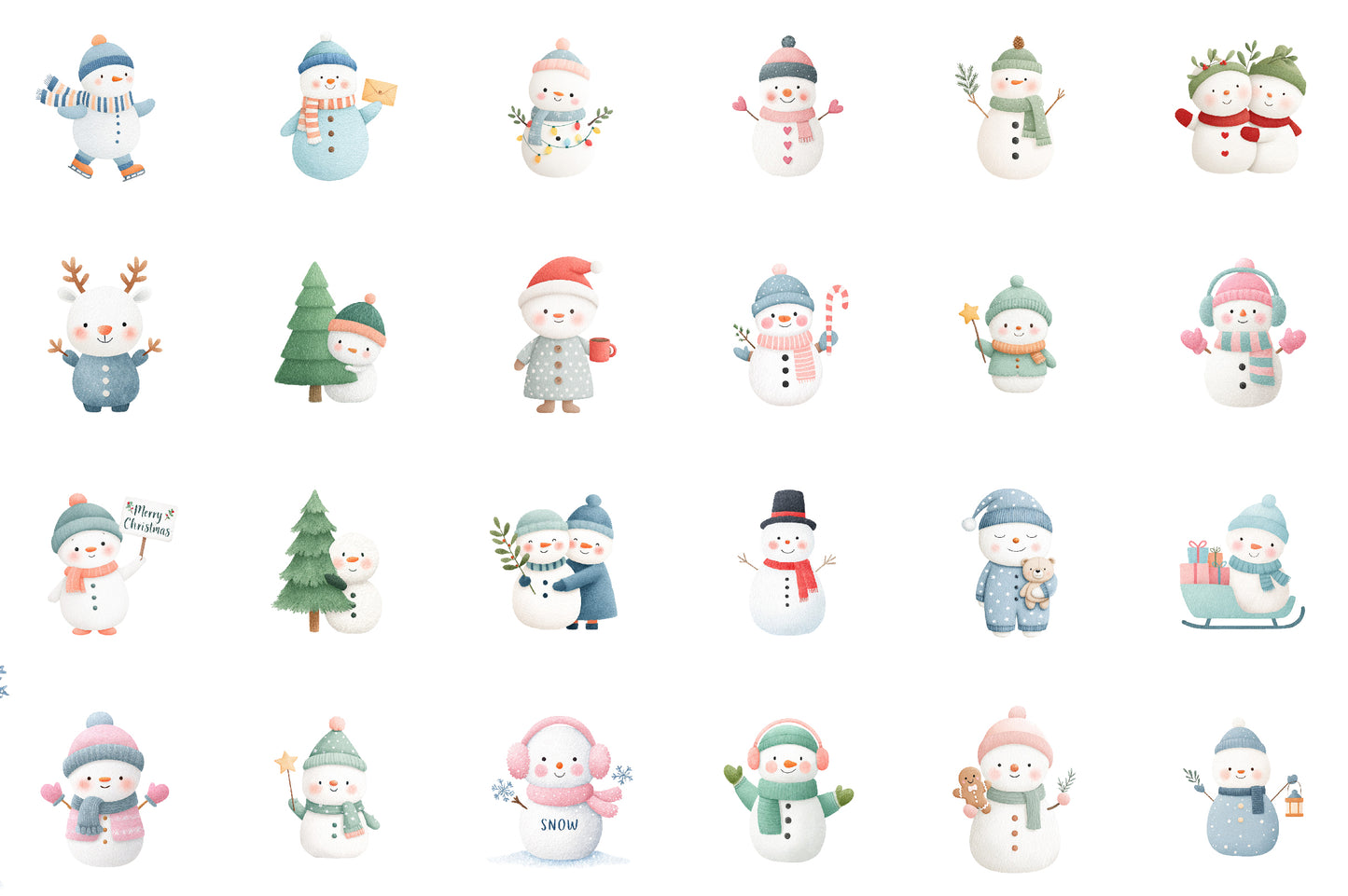 Watercolor Christmas Snowman Clipart PNG Bundle