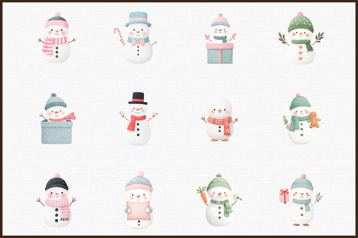 Watercolor Christmas Snowman Clipart PNG Bundle