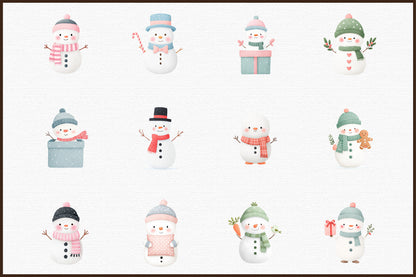 Watercolor Christmas Snowman Clipart PNG Bundle