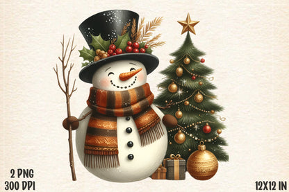 Watercolor Christmas Snowman PNG | Cute Snowman & Christmas Tree Winter Holiday Sublimation