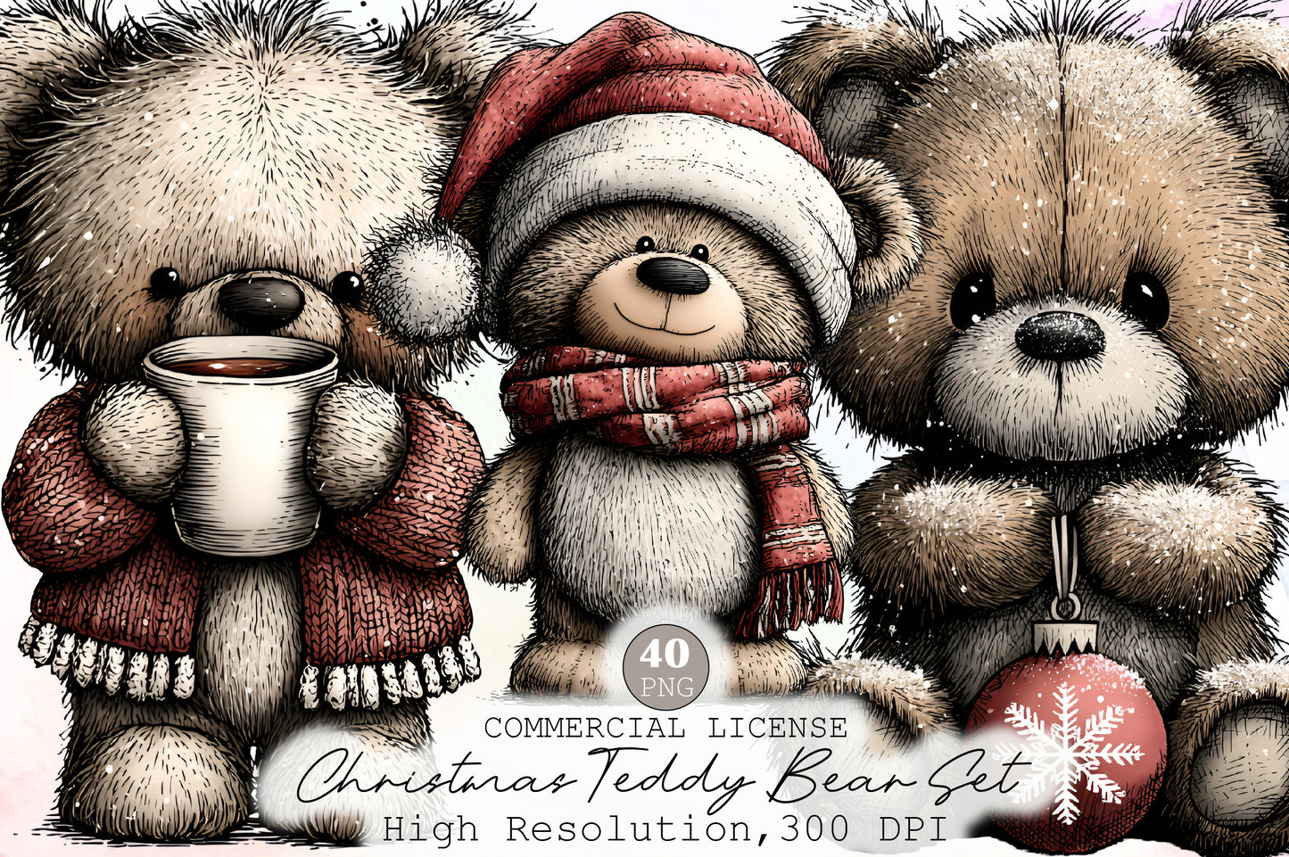 Christmas Teddy Bear Clipart Set PNG Cute Winter Bear Coffee Santa Holiday Sublimation Bundle
