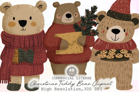 Christmas Teddy Bear Clipart PNG Cute Bears Cheese Cookies Holiday Sublimation Bundle