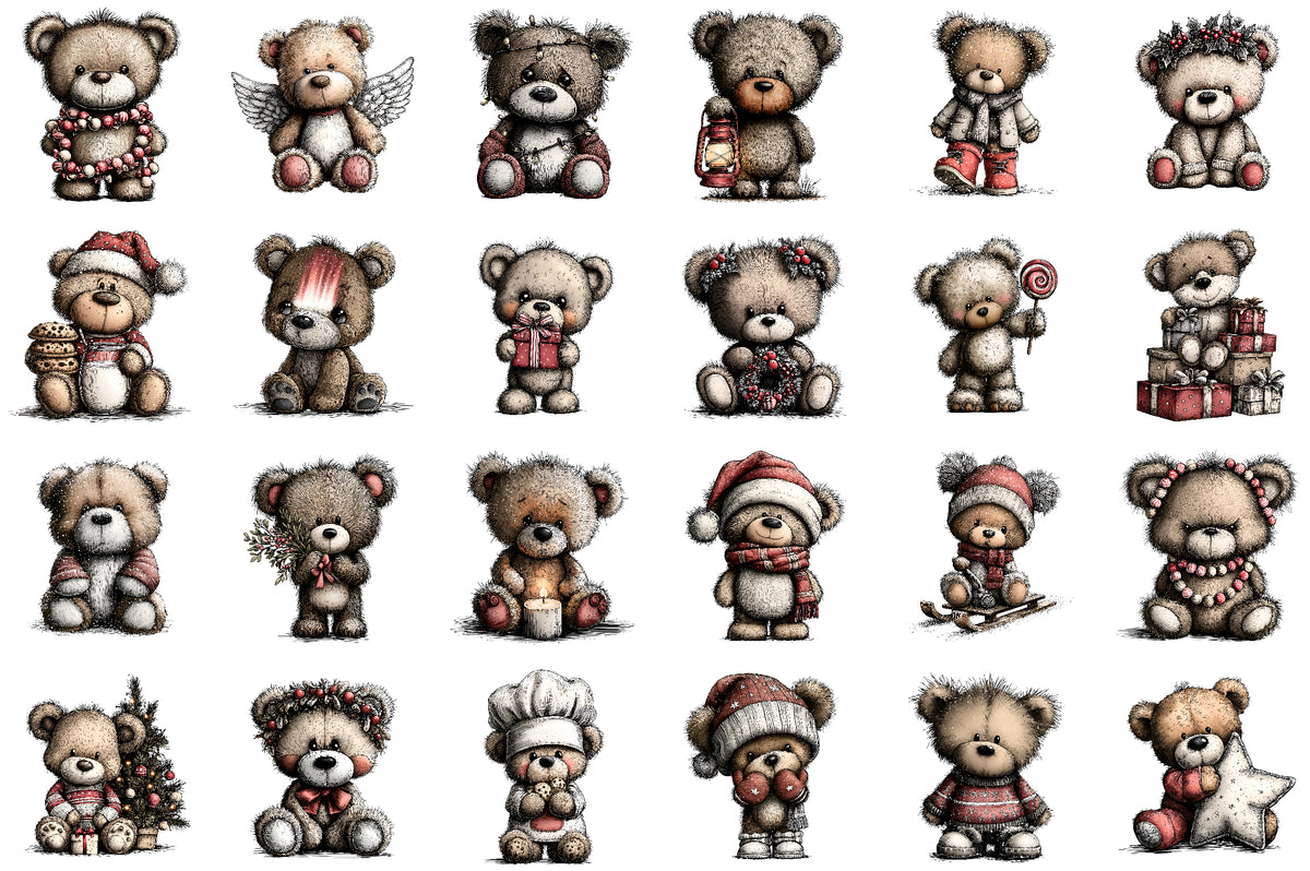 Christmas Teddy Bear Clipart Set PNG Cute Winter Bear Coffee Santa Holiday Sublimation Bundle