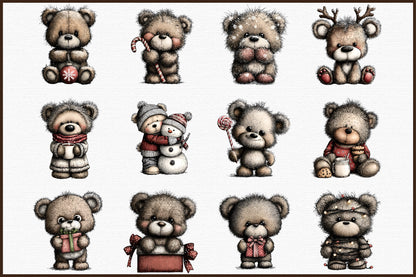 Christmas Teddy Bear Clipart Set PNG Cute Winter Bear Coffee Santa Holiday Sublimation Bundle