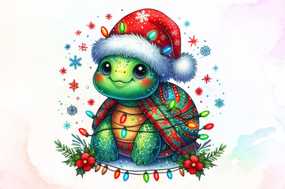 Watercolor Christmas Turtle Clipart PNG Cute Santa Hat Holiday Lights Sublimation Design