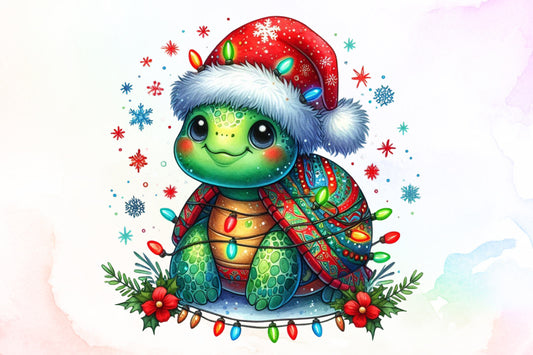 Watercolor Christmas Turtle Clipart PNG Cute Santa Hat Holiday Lights Sublimation Design