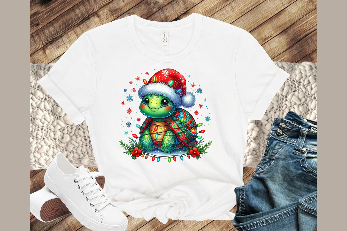 Watercolor Christmas Turtle Clipart PNG Cute Santa Hat Holiday Lights Sublimation Design