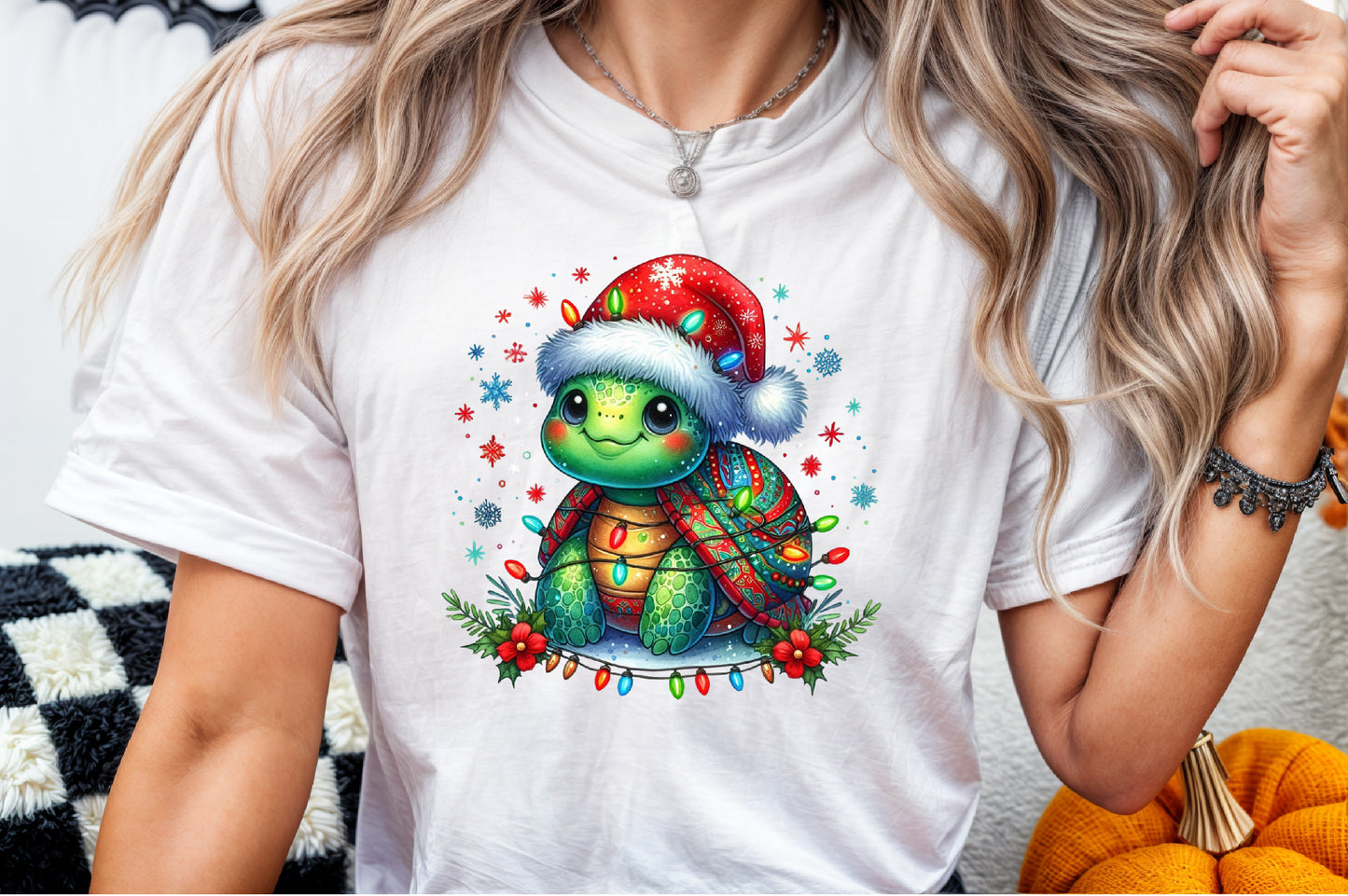 Watercolor Christmas Turtle Clipart PNG Cute Santa Hat Holiday Lights Sublimation Design