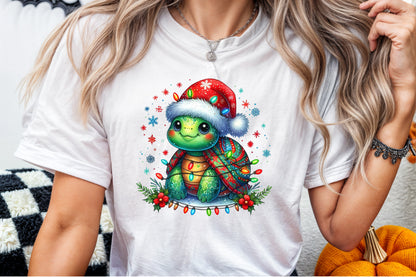 Watercolor Christmas Turtle Clipart PNG Cute Santa Hat Holiday Lights Sublimation Design