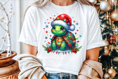 Watercolor Christmas Turtle Clipart PNG Cute Santa Hat Holiday Lights Sublimation Design